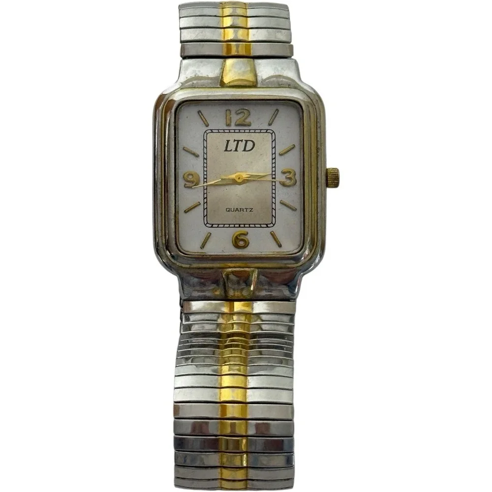 LTD Quartz Womens Watch Gold Silver Tone Stretch Band Second Hand Rectangle Face